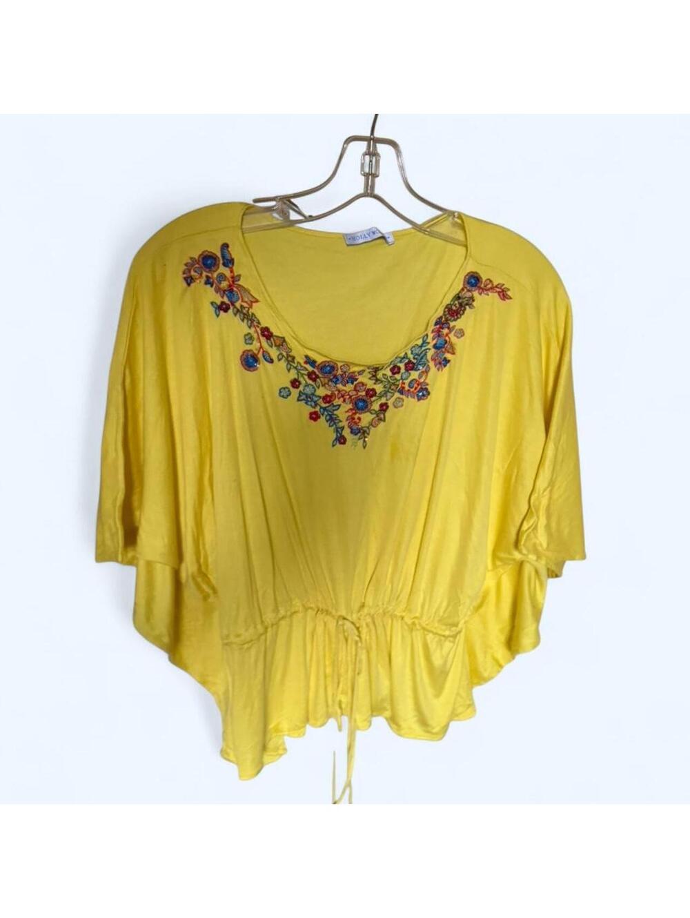 Vintage yellow floral beaded embroidered blouse with tie waist